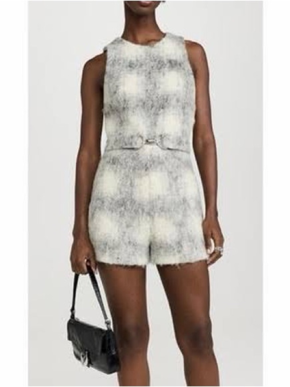 Sleeveless Plaid Wool Blend Romper in Cream & Gray